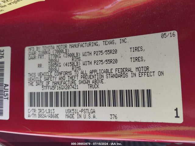 5TFFW5F16GX207421 Toyota Tundra Limited 5.7l V8