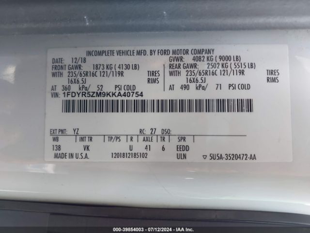 1FDYR5ZM9KKA40754 Ford Transit-250 Cab