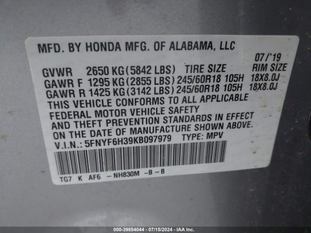 5FNYF6H39KB097979 Honda Pilot Ex