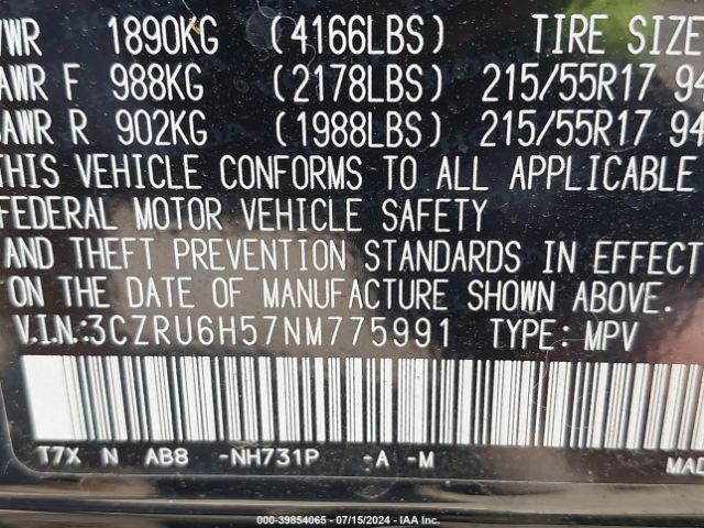 3CZRU6H57NM775991 Honda Hr-v Awd Ex
