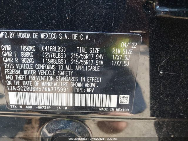 3CZRU6H57NM775991 Honda Hr-v Awd Ex