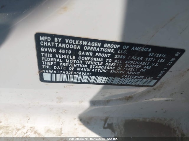 1VWAT7A32FC069287 Volkswagen Passat 1.8t Wolfsburg Edition
