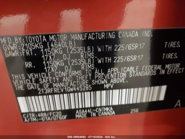 2T3RFREV1GW445285 Toyota Rav4 Xle