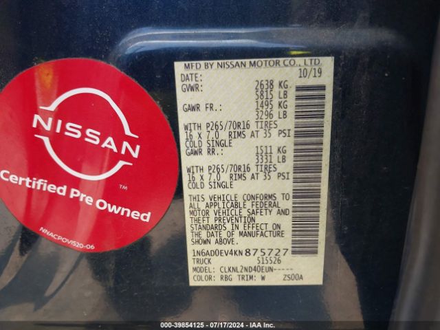 1N6AD0EV4KN875727 Nissan Frontier Sv