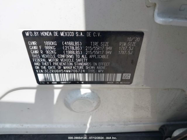 3CZRU6H54MM706724 Honda Hr-v Awd Ex