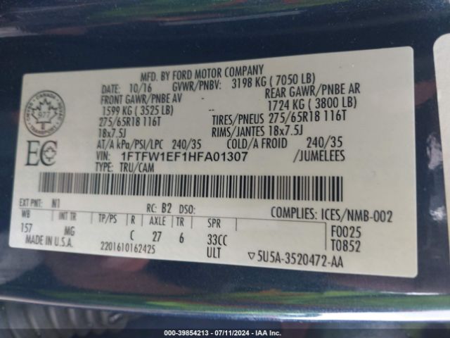 1FTFW1EF1HFA01307 Ford F-150 Xlt