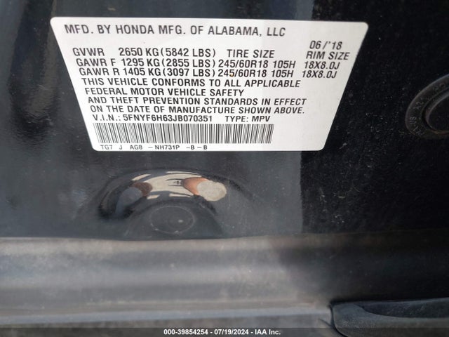 Honda Pilot Ex-l 2018 5FNYF6H63JB070351 Image 9