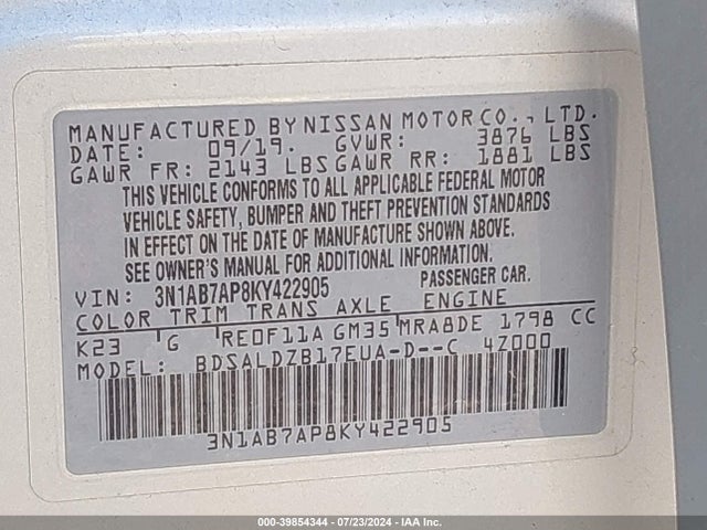 Nissan SENTRA SV 2019 3N1AB7AP8KY422905 Image 9