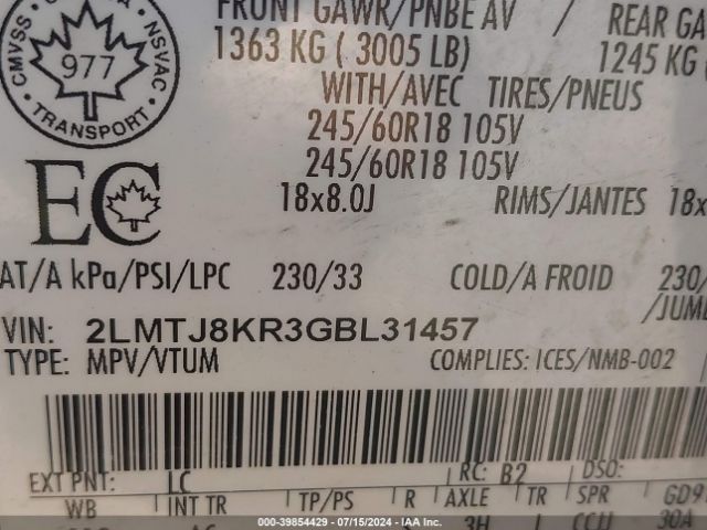 2LMTJ8KR3GBL31457 Lincoln Mkx Select