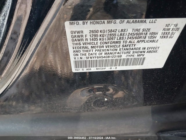 Honda Pilot Ex-l 2016 5FNYF6H54GB123168 Image 9