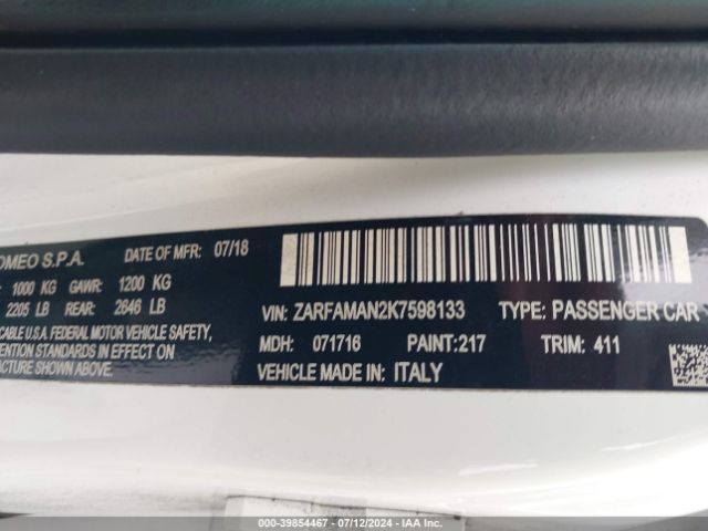 2019 ALFA ROMEO GIULIA ZARFAMAN2K7598133 Photo 8