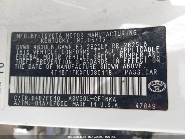 Toyota CAMRY LE 2015 4T1BF1FKXFU080118 Image 9
