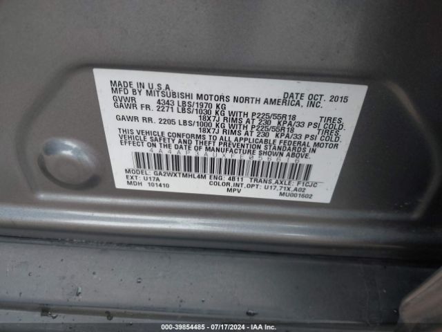 4A4AP3AUXFE056616 Mitsubishi Outlander Sport Es