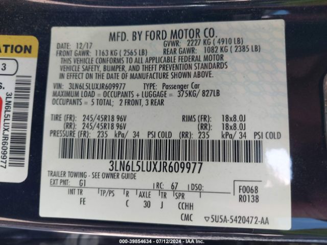 3LN6L5LUXJR609977 Lincoln Mkz Hybrid Select