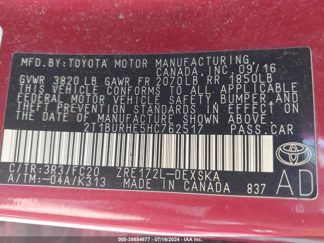 Toyota COROLLA SE 2017 2T1BURHE5HC762517 Image 9