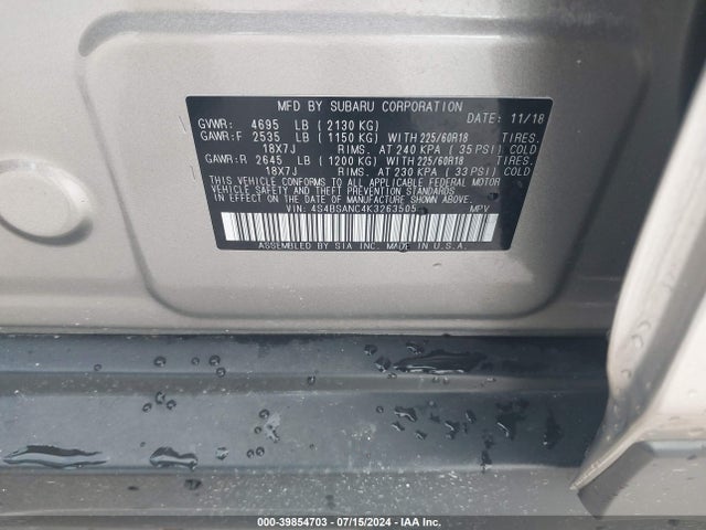 Subaru Outback 2.5i Limited 2019 4S4BSANC4K3263505 Image 9