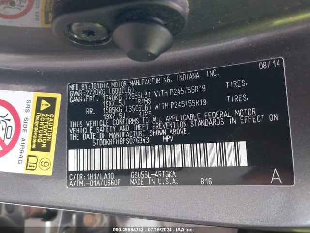 5TDDKRFH8FS076343 Toyota Highlander Limited V6