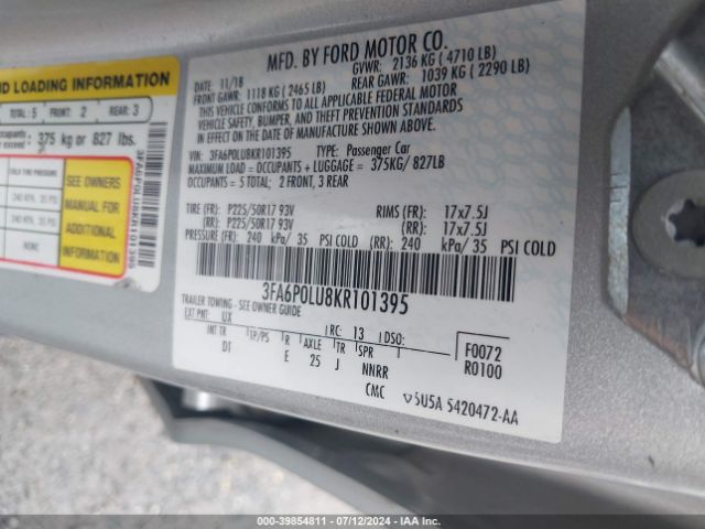 3FA6P0LU8KR101395 Ford Fusion Hybrid Se