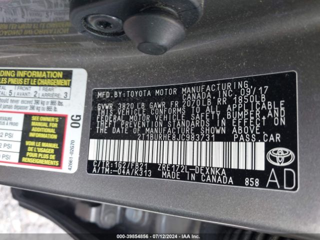 2T1BURHE8JC983731 Toyota COROLLA LE