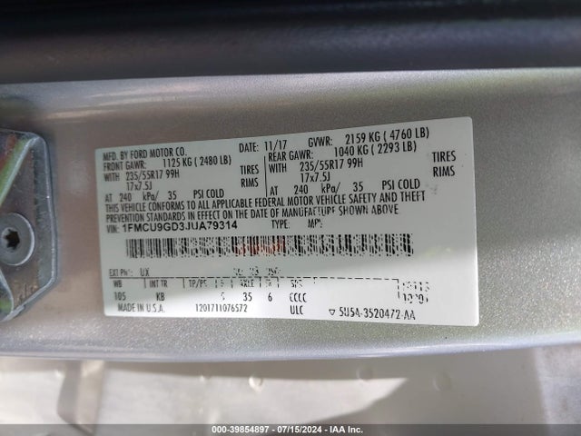 1FMCU9GD3JUA79314 Ford ESCAPE SE