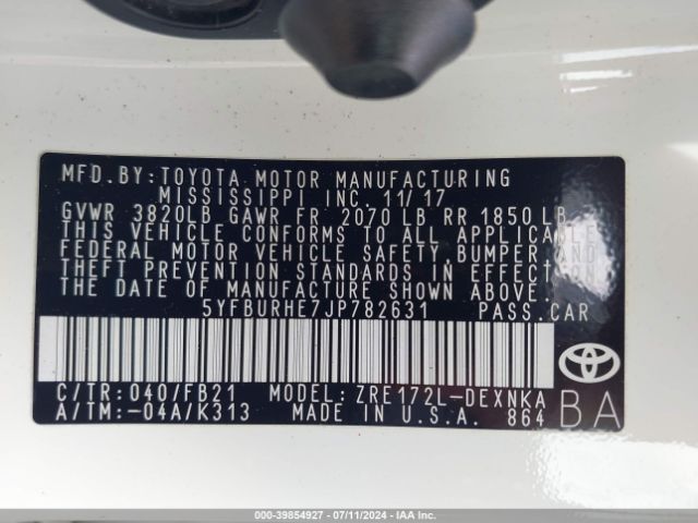 5YFBURHE7JP782631 Toyota COROLLA LE