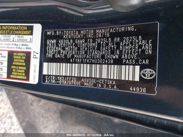 Toyota CAMRY SE 2017 4T1BF1FK7HU302438 Image 9