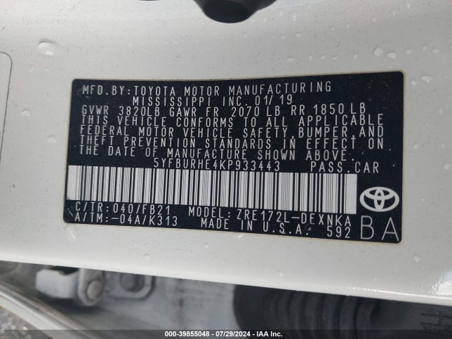 Toyota COROLLA LE 2019 5YFBURHE4KP933443 Image 9