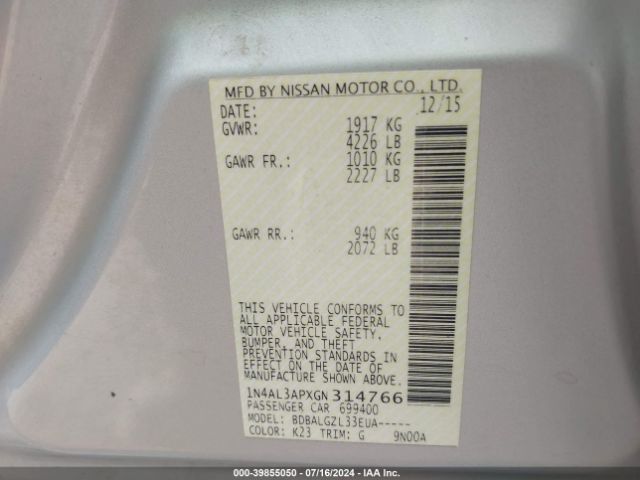 1N4AL3APXGN314766 Nissan Altima 2.5/2.5 S/2.5 Sl/2.5 Sr/2.5 Sv