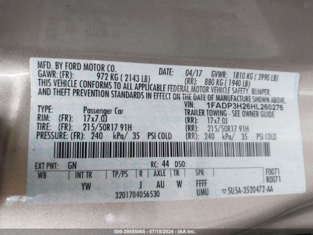 1FADP3H26HL260276 Ford FOCUS SEL