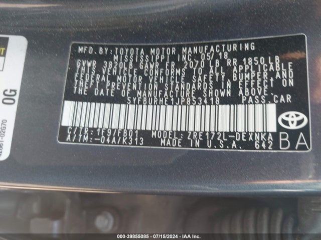 Toyota COROLLA LE 2018 5YFBURHE1JP853418 Image 9