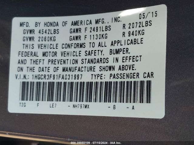 1HGCR3F91FA031997 Honda Accord Touring