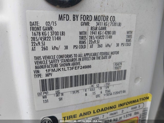 Ford Expedition El Platinum 2015 1FMJK1LT3FEF24986 Image 9