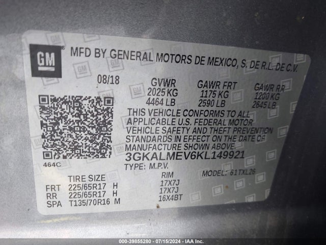 3GKALMEV6KL149921 GMC Terrain Sle