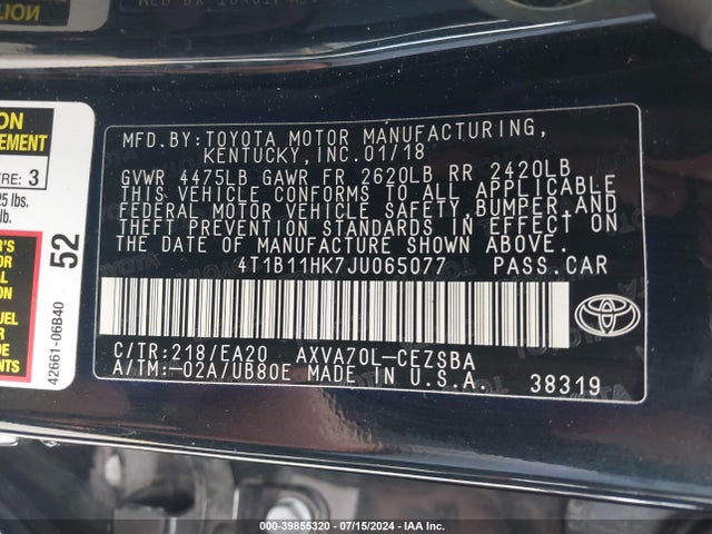 Toyota CAMRY SE 2018 4T1B11HK7JU065077 Image 9