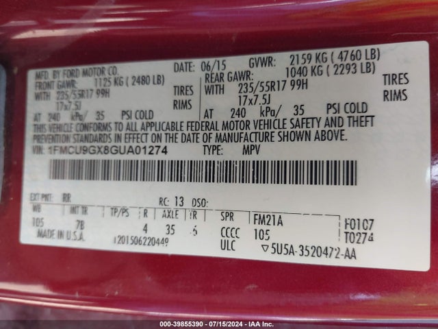 Ford ESCAPE SE 2016 1FMCU9GX8GUA01274 Image 9