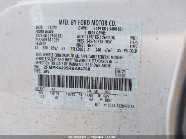 2FMPK4J95RBA54768 Ford EDGE SEL