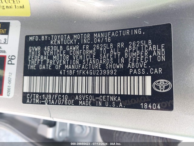 Toyota CAMRY LE 2016 4T1BF1FK4GU239992 Image 9