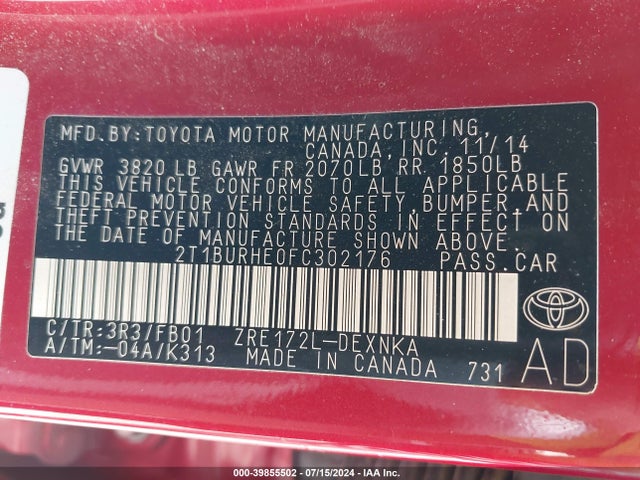 Toyota COROLLA LE 2015 2T1BURHE0FC302176 Image 9