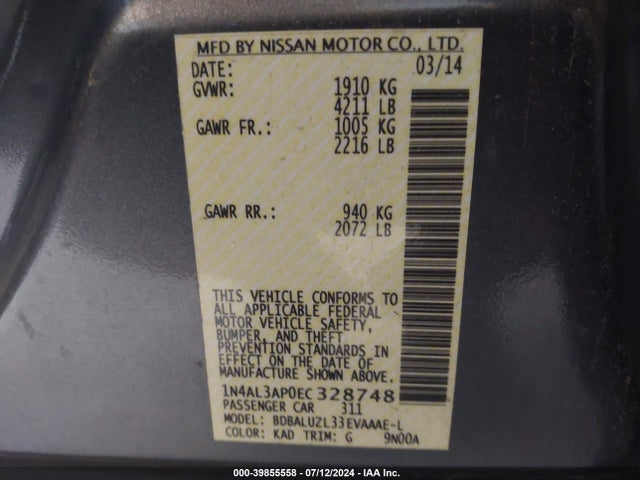 Продаж на аукціоні авто 2014 Nissan Altima 2.5 Sv, vin: 1N4AL3AP0EC328748, номер лоту: 39855558