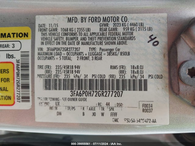 Ford FUSION SE 2016 3FA6P0H72GR277207 Image 9