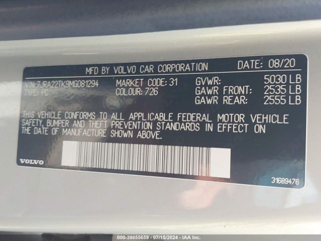 7JRA22TK9MG081294 Volvo S60 T6 Momentum