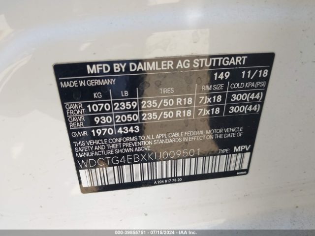 WDCTG4EBXKU009501 Mercedes-Benz GLA 250