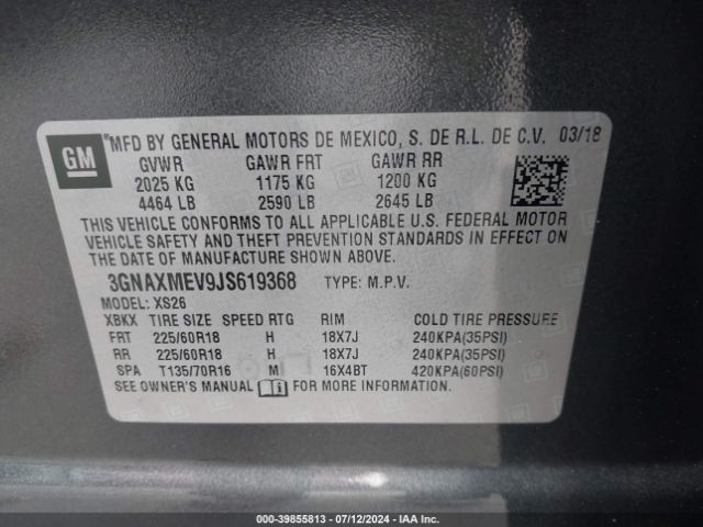 3GNAXMEV9JS619368 Chevrolet Equinox Premier
