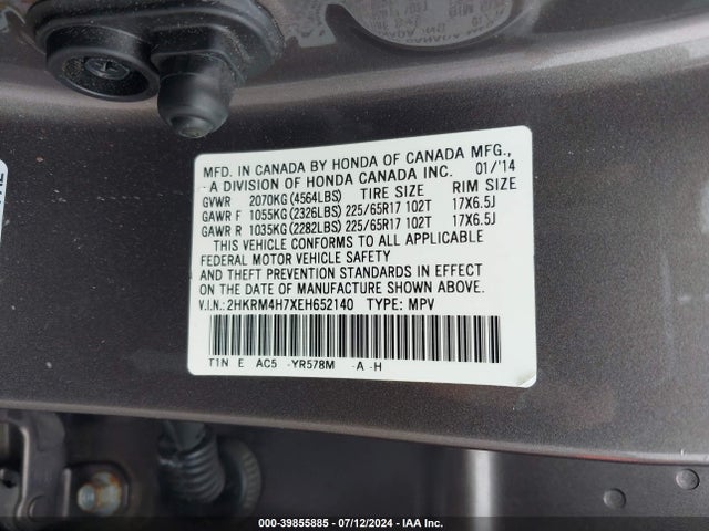 Honda Cr-v Ex-l 2014 2HKRM4H7XEH652140 Image 9
