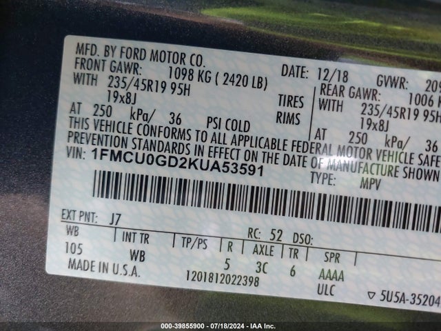 Ford ESCAPE SE 2019 1FMCU0GD2KUA53591 Image 9