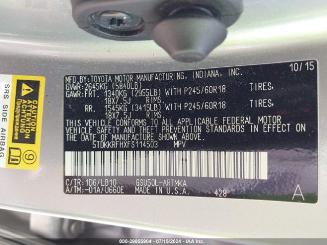 5TDKKRFHXFS114503 Toyota Highlander Xle V6