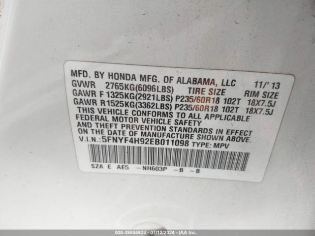 5FNYF4H92EB011098 Honda Pilot Touring