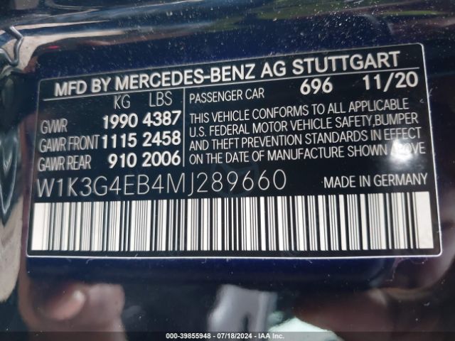 W1K3G4EB4MJ289660 Mercedes-Benz A 220