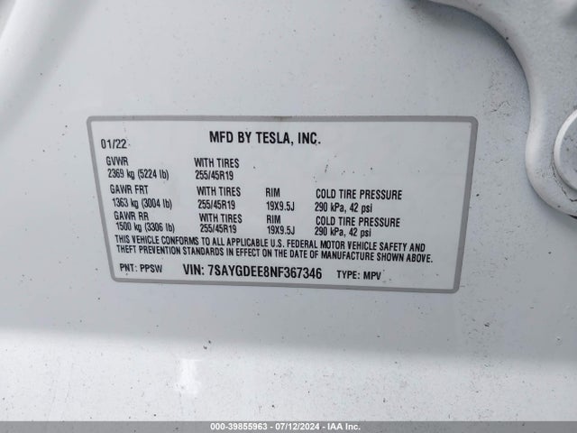 2022 TESLA MODEL Y 7SAYGDEE8NF367346 Photo 8