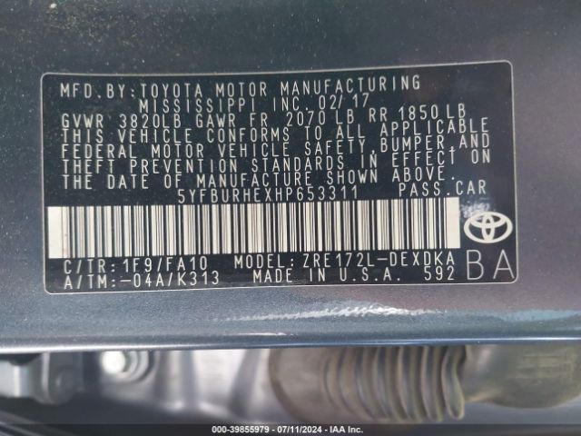5YFBURHEXHP653311 Toyota COROLLA L